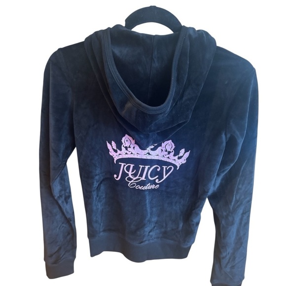 JUICY COUTURE Hoodie Y2K Black Velour RARE Rhinestone Pink Crown Logo Large NWT - Picture 9 of 11